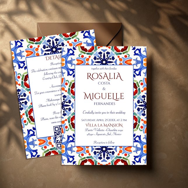 Talavera azulejo blaue Kachel Vintag mexikanische  Einladung (Talavera azulejo blue tiles vintage Mexican wedding Invitation cards with RSVP template)