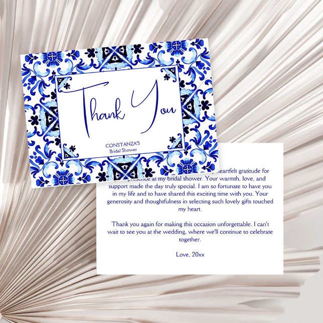 Talavera azulejo blauen Fliesen Mexikanisches Brau Dankeskarte (Talavera azulejo Mexican blue tiles bridal shower Thank You Card maiolica Mediterranean wedding )