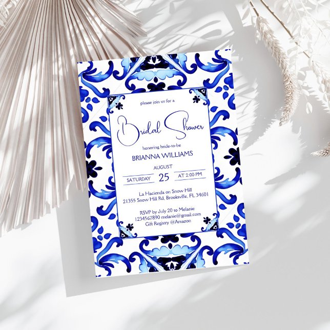 Talavera azulejo blauen Fliesen Mexikanisches Brau Einladung (Talavera azulejo blue tiles Mediterranean vintage Mexican bridal shower Invitation template download)