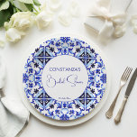 Talavera azulejo blauen Fliesen Mexikanisches Brau Pappteller<br><div class="desc">Talavera azulejo blauen Fliesen Vintage mexikanische Brautparty Monogramm gedruckte Papier Teller Vorlage,  mediterran blaue Fliesen Maiolica blauen Fliesen griechischen Fliesen Muster Brautparty Teller personalisiert Brautparty Tafelgeschirr Dekoration</div>