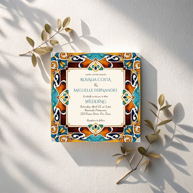 Talavera azulejo Fliesen Vintag mexikanische Hochz Einladung (Talavera azulejo tiles vintage Mexican wedding Invitation cards template elegant square invites)