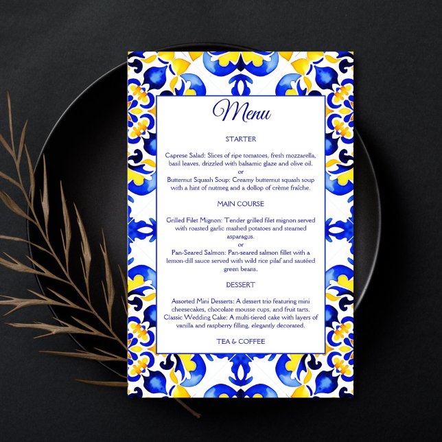 Talavera azulejo Mediterrane blaue Fliesen Menü (Talavera azulejo Mediterranean Maiolica blue tiles menu card blue and yellow tiles menu table decor)
