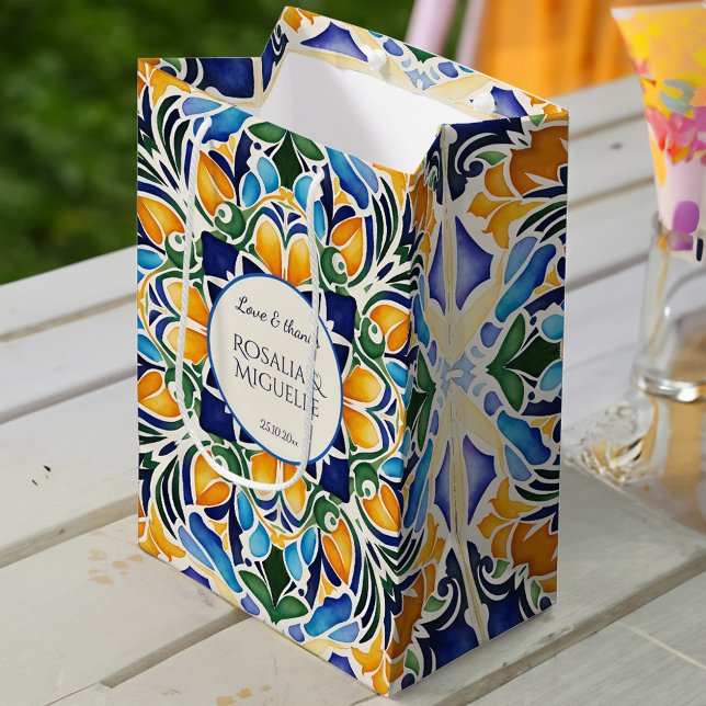 Talavera azulejo Vintages mexikanisches Monogramm Mittlere Geschenktüte (Talavera azulejo blue tiles vintage Mexican wedding monogrammed favor Medium Gift Bag welcome bag
)