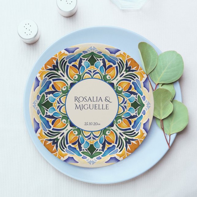Talavera azulejo Vintages mexikanisches Monogramm Pappteller (Talavera azulejo blue tiles vintage Mexican wedding personalized table decor monogram Paper Plates)