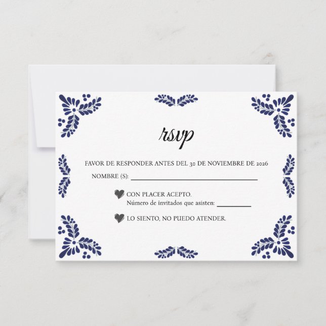 Talavera Black Floral Minimalist Spanish Wedding RSVP Karte (Vorderseite)