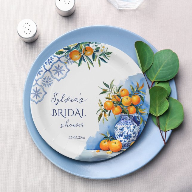Talavera blue chinoiserie citrus Brautparty Pappteller (Talavera blue chinoiserie orange citrus Mexican Hacienda summer Spanish bridal shower paper plates)