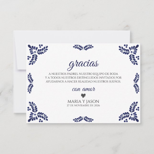 Talavera Blue Floral Minimalist Spanish Wedding Dankeskarte (Vorderseite)