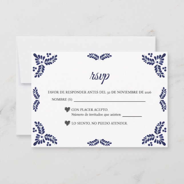Talavera Blue Floral Minimalist Spanish Wedding RSVP Karte (Vorderseite)