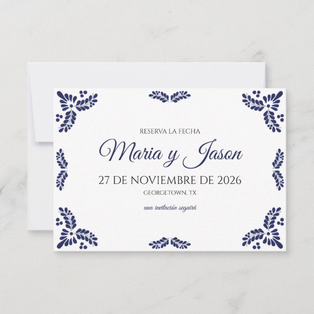 Talavera Blue Floral Minimalist Spanish Wedding Save The Date (Vorderseite)