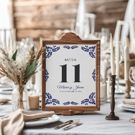 Talavera Blue Floral Minimalist Spanish Wedding Tischnummer