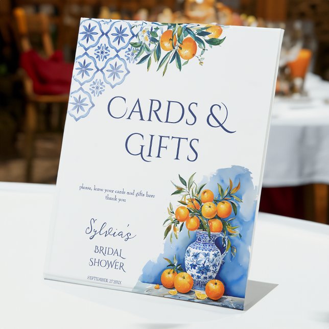 Talavera blue vase citrus Brautparty Geschenke Sockelschild (Talavera blue vase citrus Spanish vintage Mexican bridal shower gifts pedestal sign table decor)