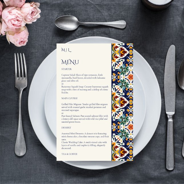 Talavera Fiesta mexikanisches Menü zum mediterrane (Talavera Fiesta Mexican Mediterranean wedding theme menu card personalized table decor azulejo tiles)