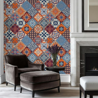 Talavera Fliesen Blau Orange Creme Burgunderrot Tapete