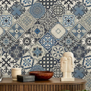 Talavera Fliesen Navy Kobaltblau Grau   Tapete