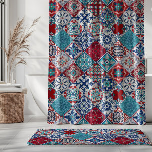 Talavera Fliesen Türkis Denim Blau Rot Weiß Duschvorhang