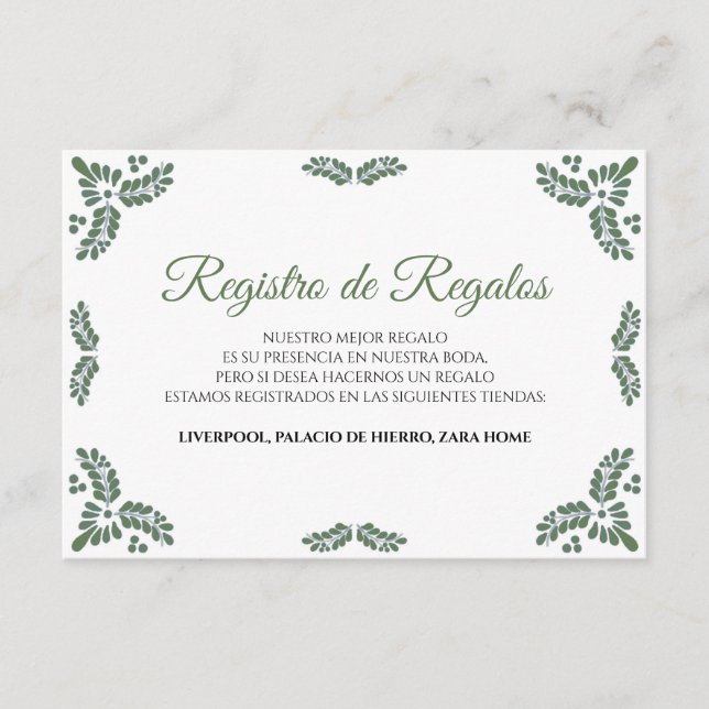Talavera Green Floral Minimalist Spanish Wedding Begleitkarte (Vorderseite)