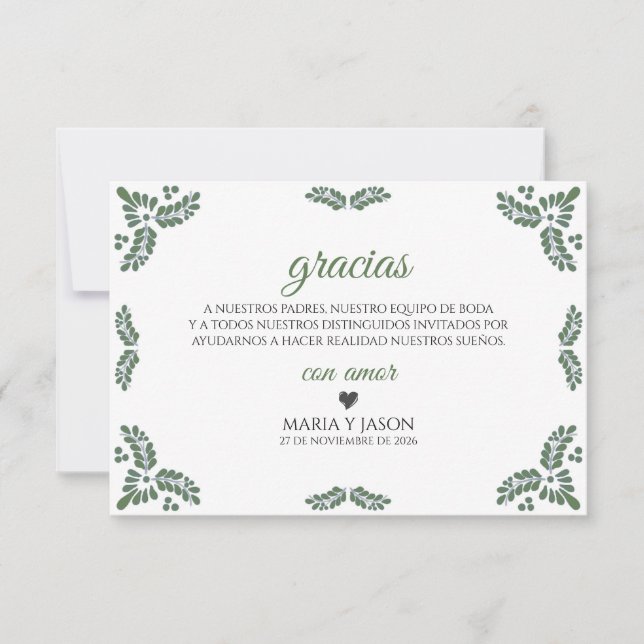 Talavera Green Floral Minimalist Spanish Wedding Dankeskarte (Vorderseite)