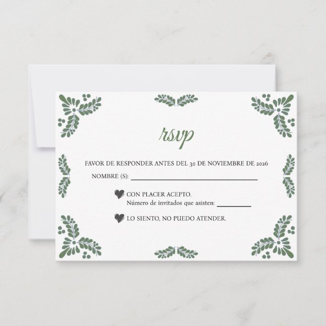 Talavera Green Floral Minimalist Spanish Wedding RSVP Karte (Vorderseite)