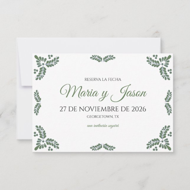 Talavera Green Floral Minimalist Spanish Wedding Save The Date (Vorderseite)
