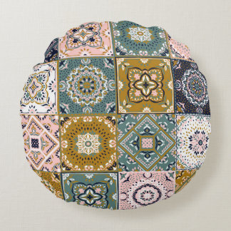 Talavera Indian: Patchwork, ethnisches Mosaik. Rundes Kissen