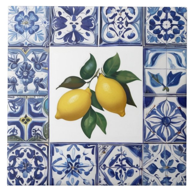 Talavera Lemons - Blue and White Mediterranean Fliese (Vorderseite)