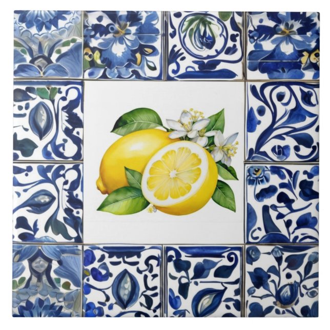 Talavera Lemons Dark Blue and White Mediterranean Fliese (Vorderseite)