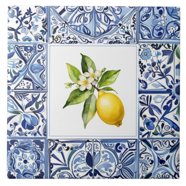 Talavera Lemons Light Blue and White Mediterranean Fliese (Vorderseite)
