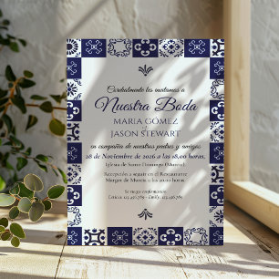 Talavera Majolica Navy Blau Weiße Spanische Hochze Einladung