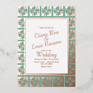 Talavera Mexican Spanish Türkis Hochzeit geprägt   Folieneinladung