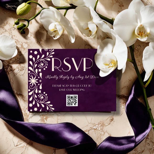 Talavera-Pflaume-Blumen-Hochzeits-QR-Code RSVP Karte (Von Creator hochgeladen)