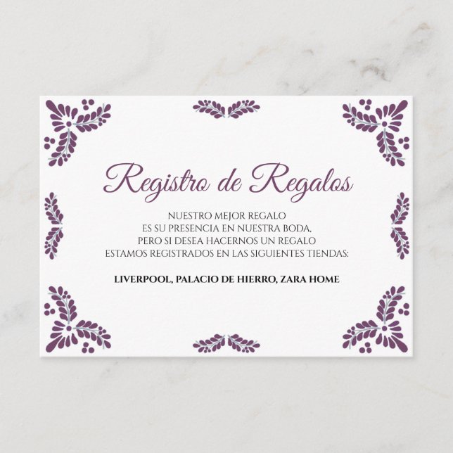 Talavera Purple Floral Minimalist Spanish Wedding Begleitkarte (Vorderseite)