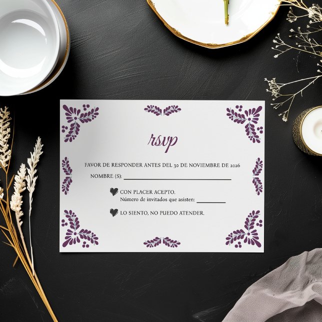 Talavera Purple Floral Minimalist Spanish Wedding RSVP Karte (Talavera Purple Floral Minimalist Spanish Wedding RSVP Card)