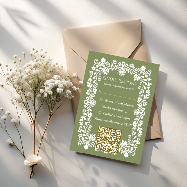 Talavera sage green Mexican wedding RSVP Karte (Talavera sage green Mexican wedding QR RSVP Cards)