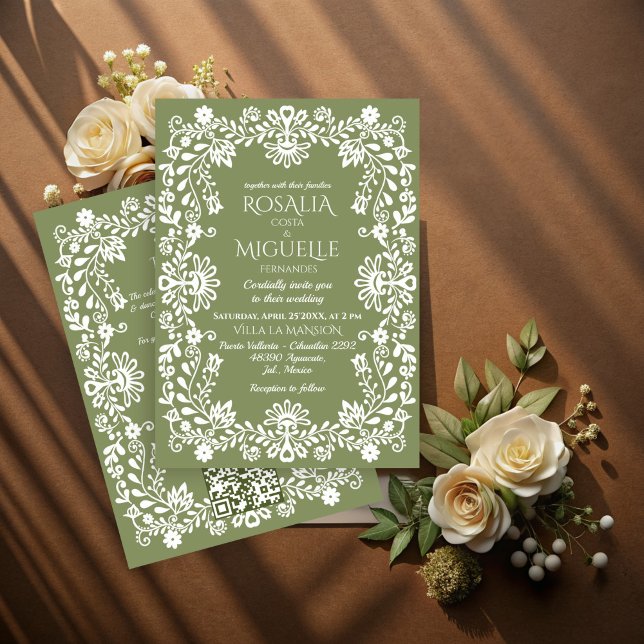 Talavera Sali Einladung (Talavera folk art sage green vintage Mexican wedding Invitation cards with RSVP template)