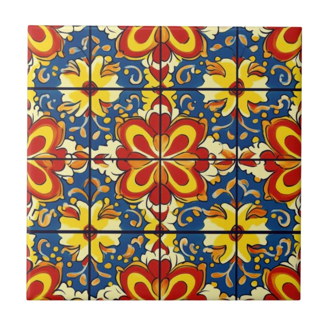 Talavera Seamless Blue Red Yellow Mexican Spanish Fliese (Vorderseite)
