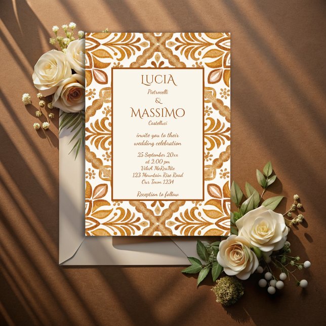 Talavera terracotta Vintag mexikanische Hochzeit Einladung (Terracotta vintage Mexican Talavera wedding Invitations with RSVP template instant download marron)