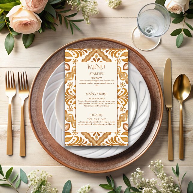 Talavera terracotta Vintag mexikanische Hochzeitsk (Talavera terracotta tiles vintage Mexican wedding menu personalized wedding reception table decor)