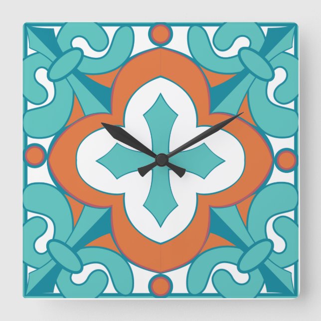 Talavera Tile Clock - Orange & Türkis Quadratische Wanduhr (Vorderseite)
