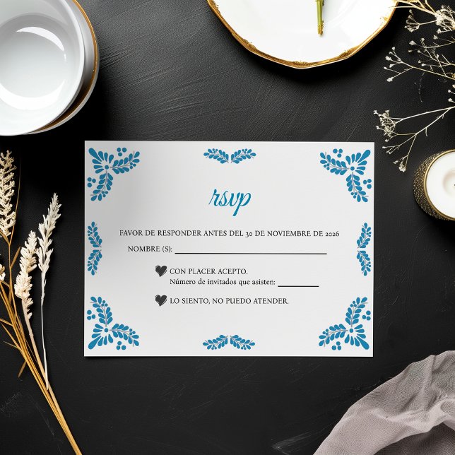 Talavera Turquoise Minimalist Spanish Wedding RSVP Karte (Talavera Turquoise Minimalist Spanish Wedding RSVP Card)