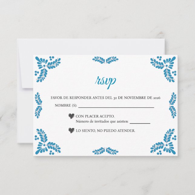 Talavera Turquoise Minimalist Spanish Wedding RSVP Karte (Vorderseite)