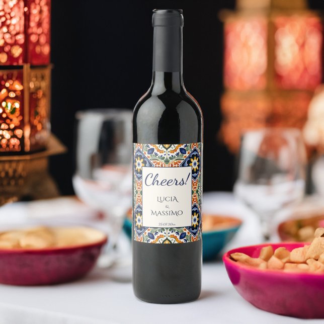 Talavera Vintage mexikanische Hochzeit gedruckt Weinetikett (Talavera vintage Mexican Mediterranean Spanish wedding personalized printed Wine Label wedding favor)