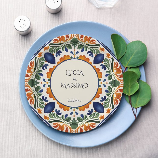 Talavera Vintages mexikanisches Hochzeitsmonogramm Pappteller (Talavera vintage Mexican Hacienda Fiesta wedding monogram printed Paper Plates personalized decor)