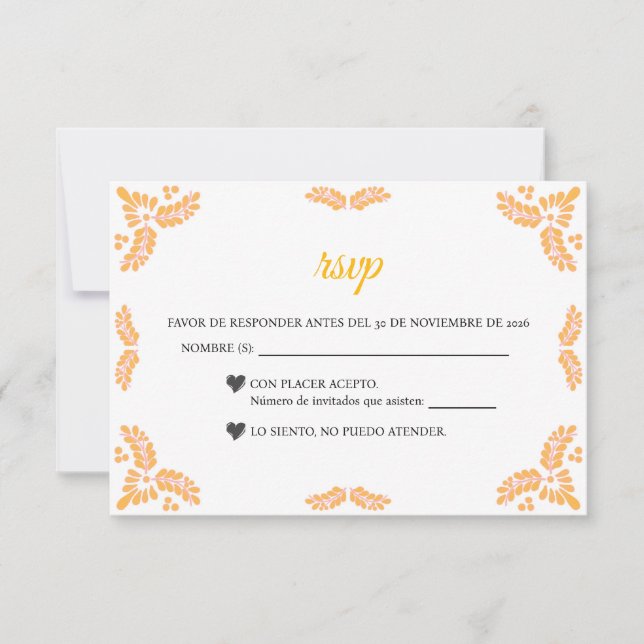 Talavera Yellow Floral Minimalist Spanish Wedding RSVP Karte (Vorderseite)