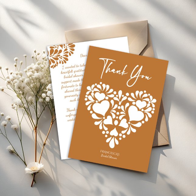 Talka-Brautparty Dankeskarte (Mexican talavera terracotta bridal shower thank you cards heart shaped talavera thank you cards)