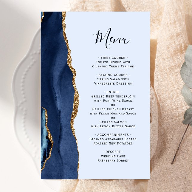 Tall Budget Navy Blue Gold Agate Wedding Menü (Von Creator hochgeladen)