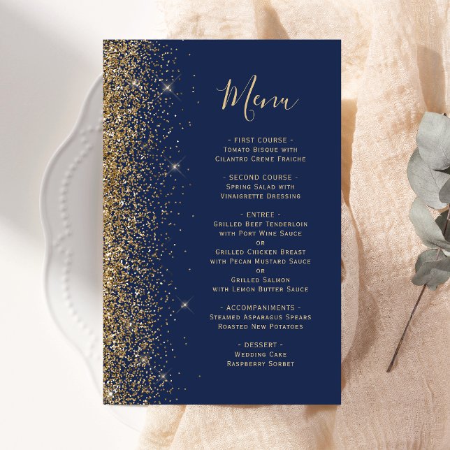 Tall Budget Navy Blue Gold Glitzer Wedding Menu (Von Creator hochgeladen)