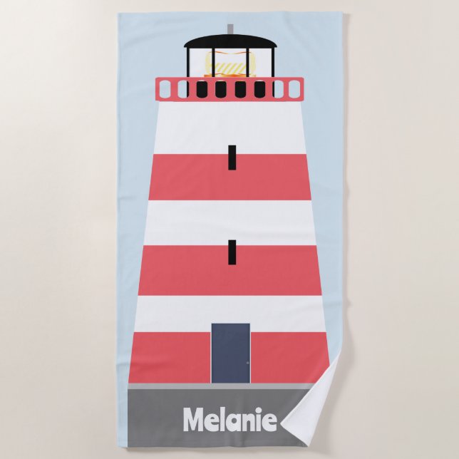 Tall Red and White Lighthouse Personalisiert Strandtuch (Vorderseite)