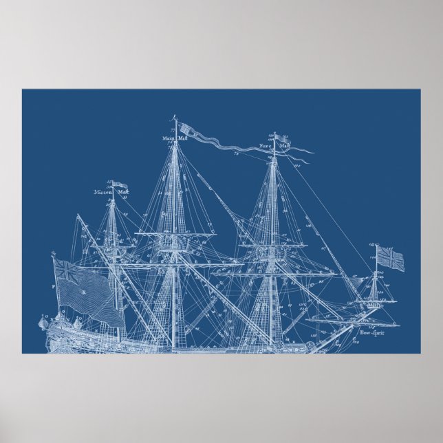 Tall Segelschiff Blueprint Segelboot Masts Poster (Vorne)