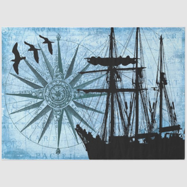 Tall Ship Compass Rose Collage Decoupage Seidenpapier (Vorderseite)
