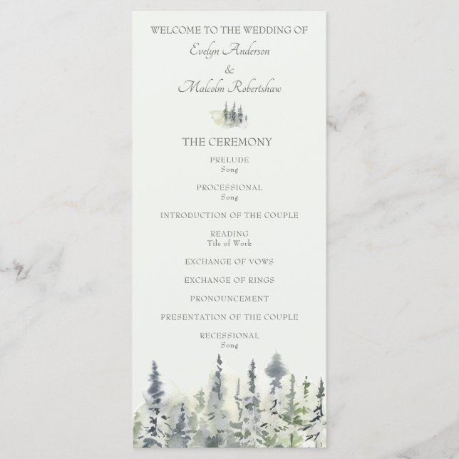 Tall Timber Watercolor Evergreen Trees Wedding Programm (Vorderseite)